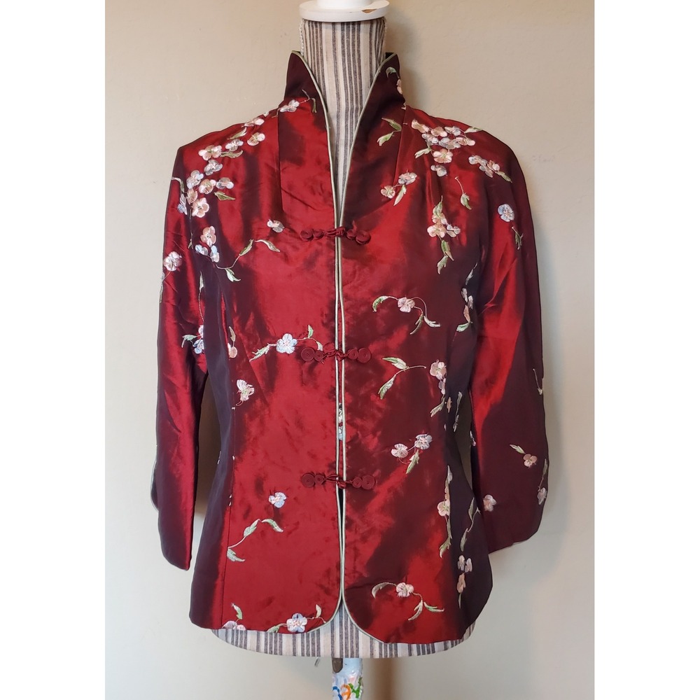 Silver Dragon Burgundy Silk Blend Floral Embroidered Frog Button Jacket Large